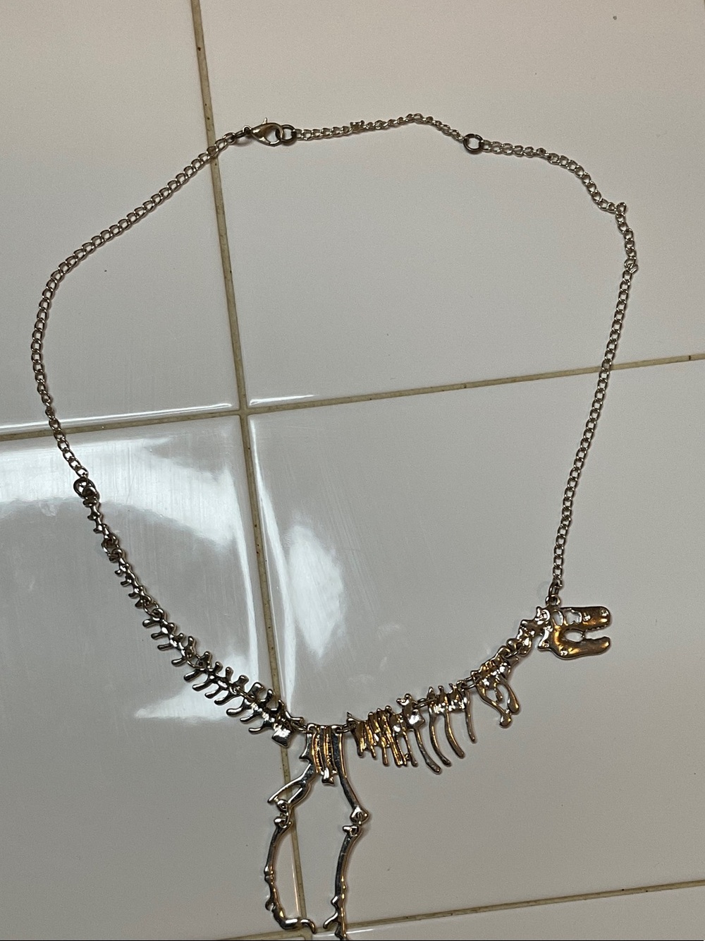 Skeleton Dinosaur Necklace - Silver Tone